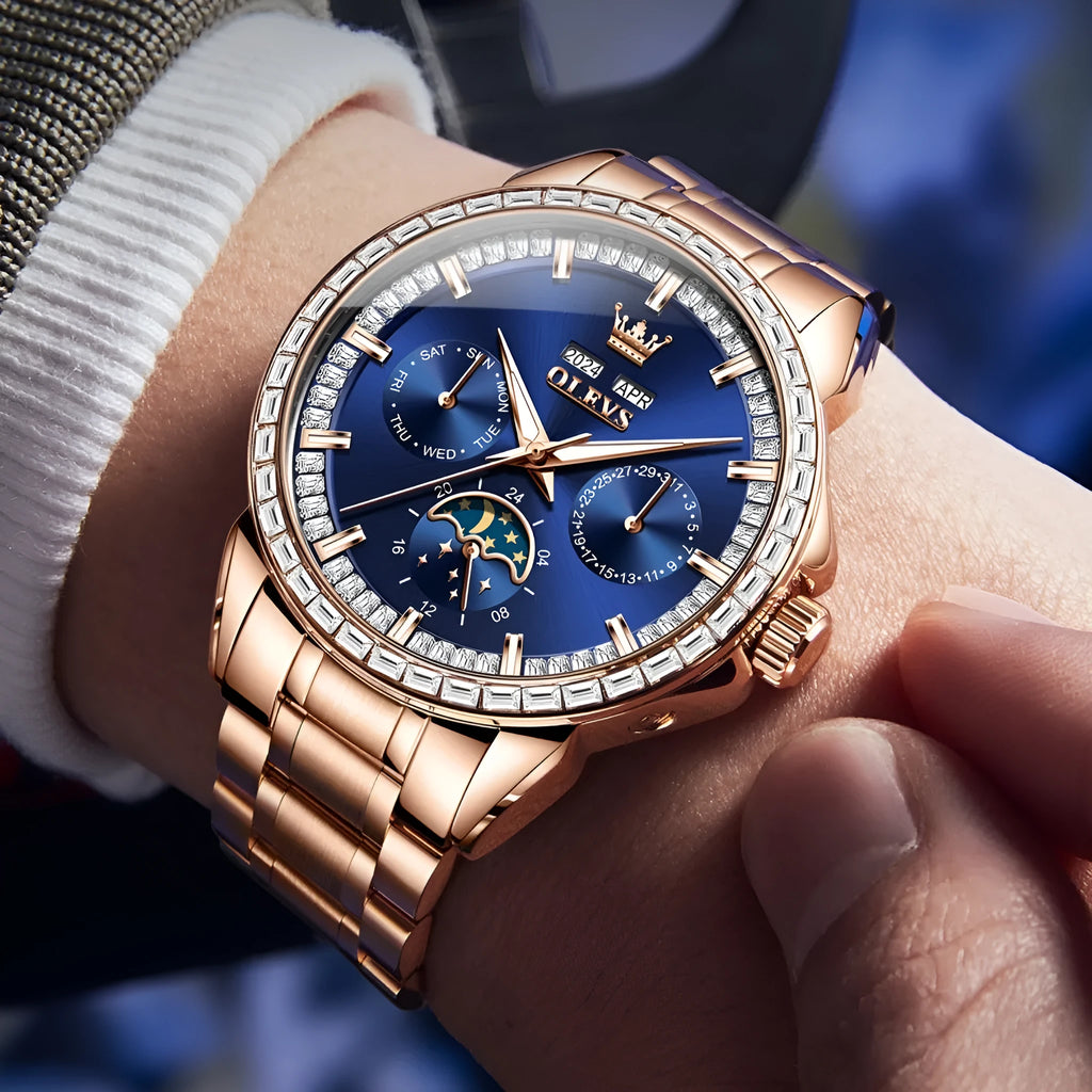 Men's automatic mechanical watch with diamond dial on a stainless steel bracelet, showing the transparent case back.