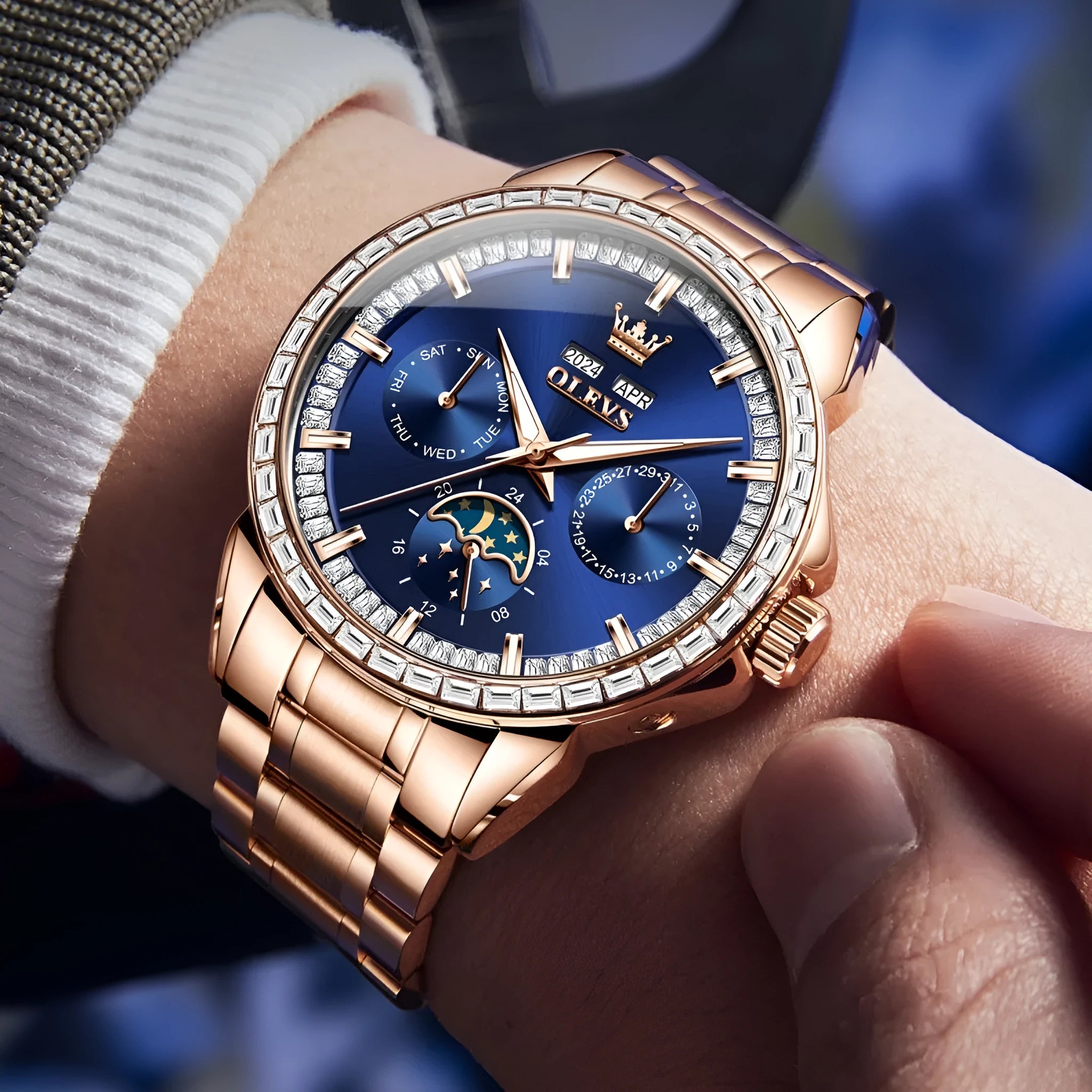 Men's automatic mechanical watch with diamond dial on a stainless steel bracelet, showing the transparent case back.
