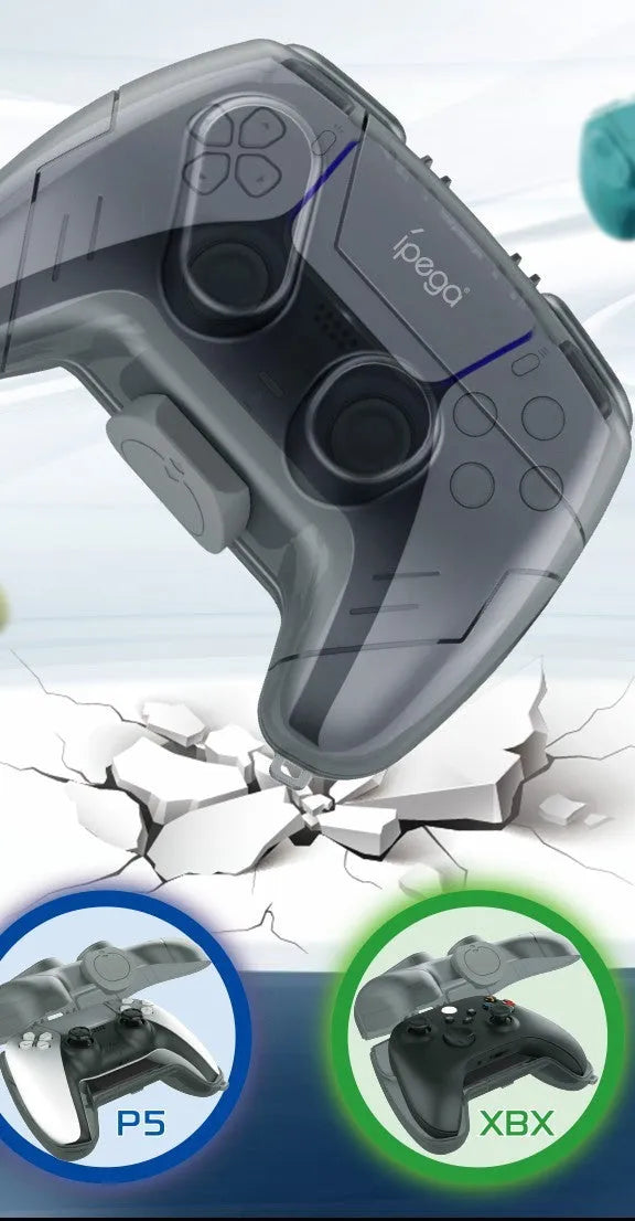 Transparent grey hard plastic protective case for a game controller.