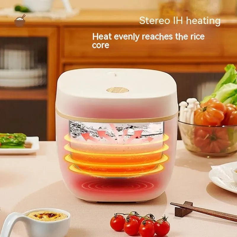 White or beige plastic rice cooker with black crystal inner pot and digital display