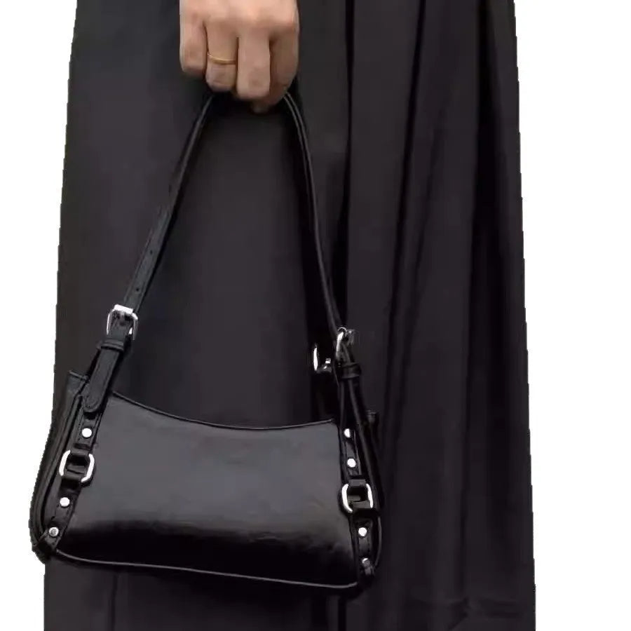 Hot Girl Locomotive style black PU all-matching shoulder bag with three-dimensional pocket, horizontal square shape