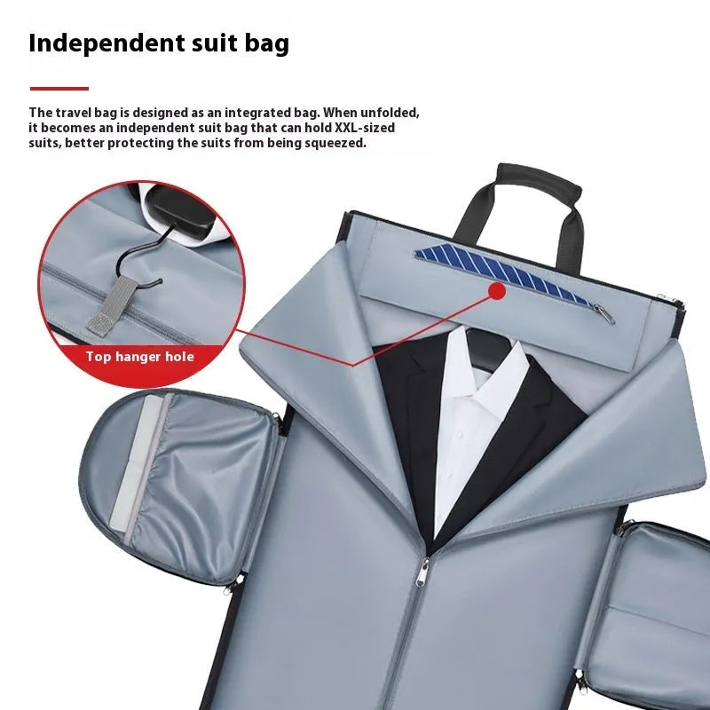 Black waterproof suit bag for men with shoe compartment, 45L capacity, folded flat on table
