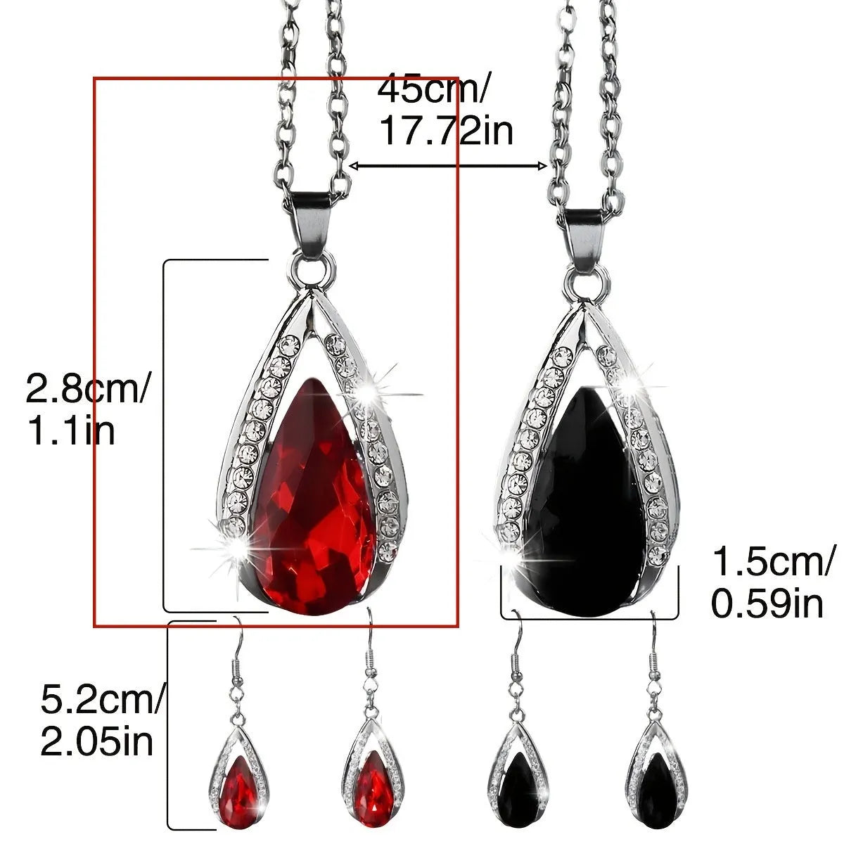 Black and red alloy necklace and earrings set with matching teardrop pendant and droplet earrings.