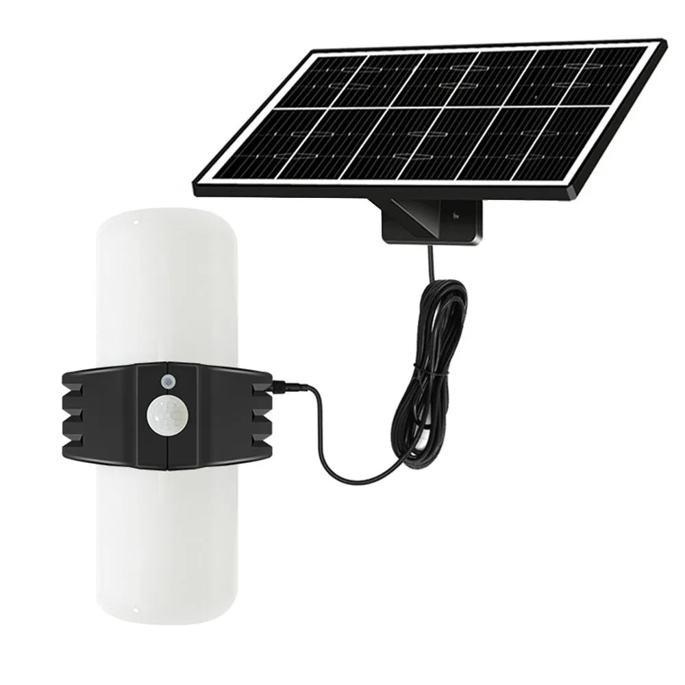 Black outdoor solar floodlight with motion sensor and abstract design mounted on wall bracket