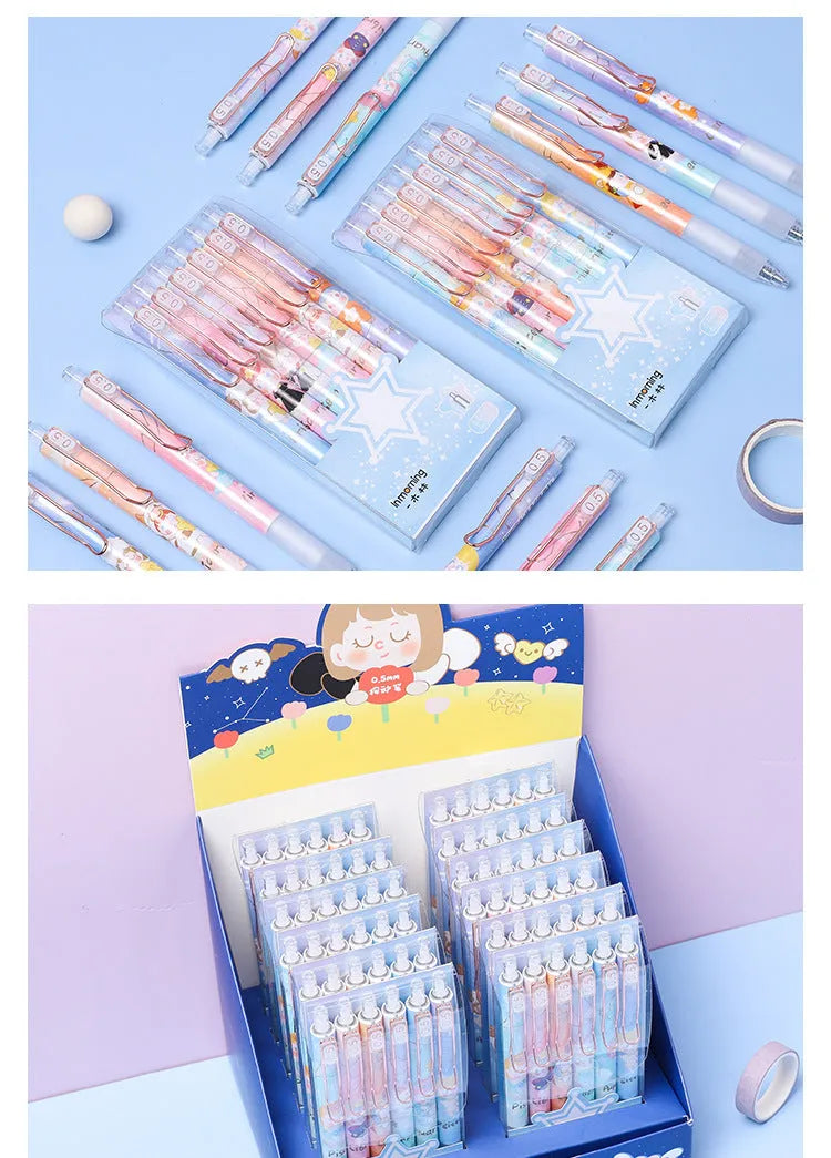 Six constellation cartoon gel pens with 0.5mm metal tips and blue ink