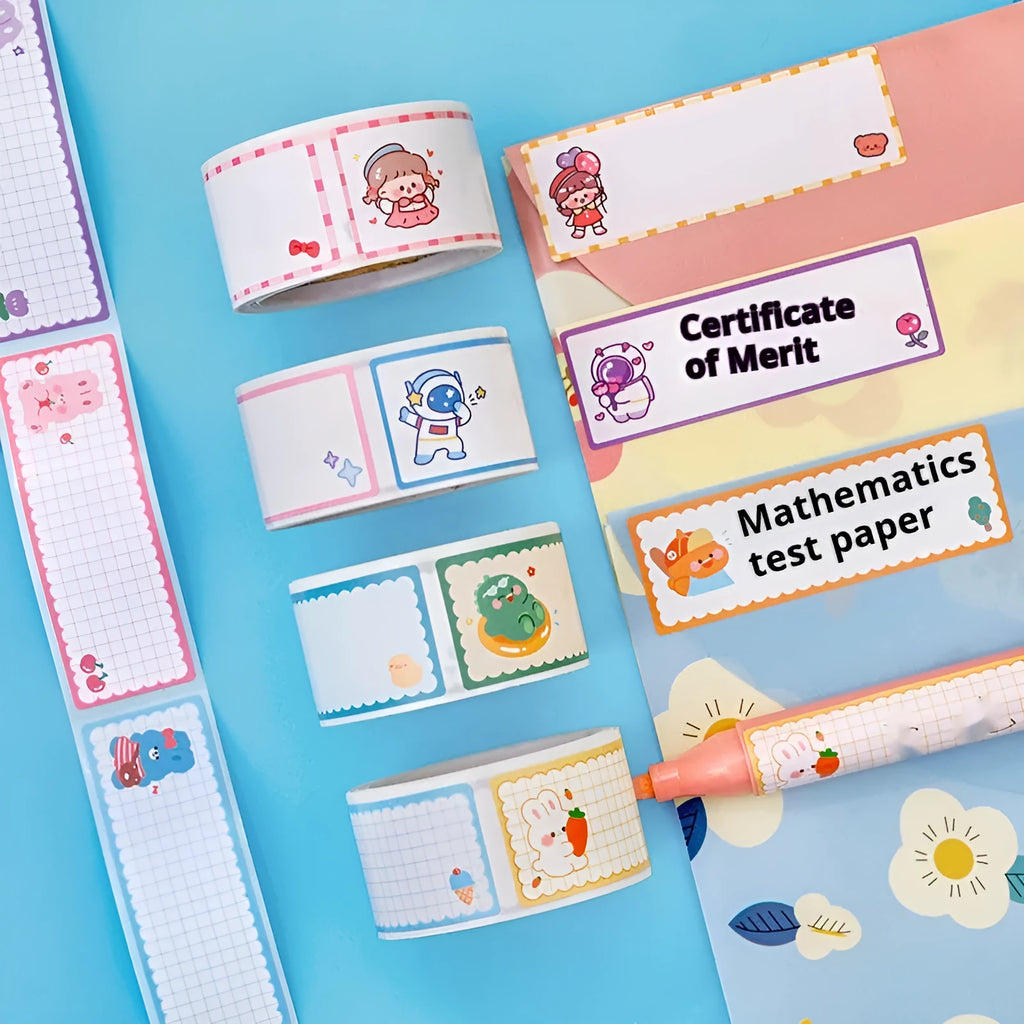 Roll of cartoon name tape stickers showing dinosaur, astronaut, rabbit and girl designs