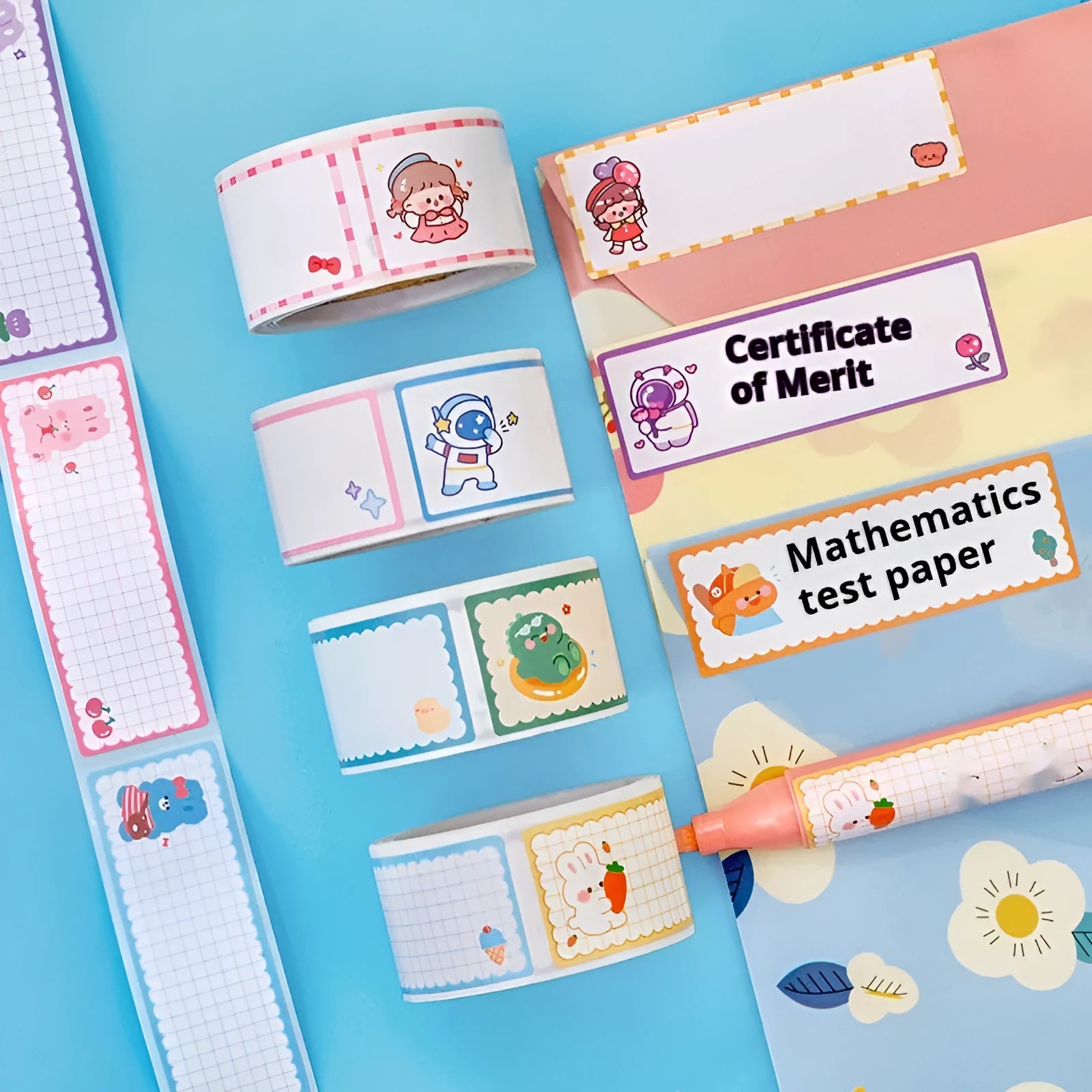 Roll of cartoon name tape stickers showing dinosaur, astronaut, rabbit and girl designs