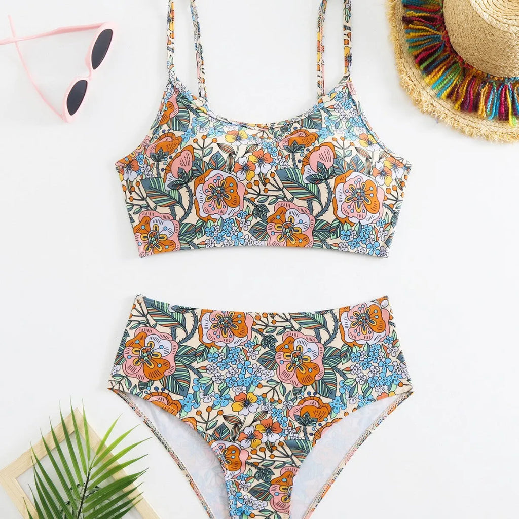 High waist floral bikini set for women, polyester two-piece swimsuit with bra and shorts.