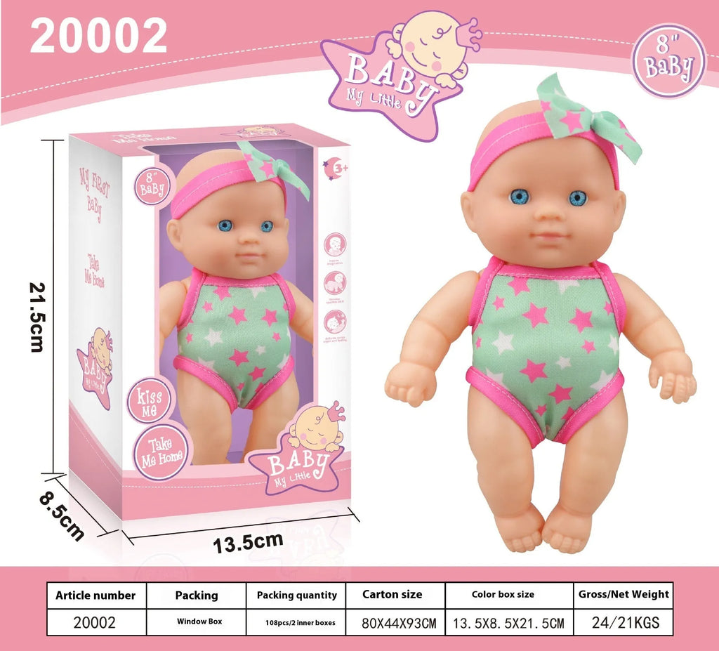 Vinyl baby figurine doll in display with colour variations and measurement scale