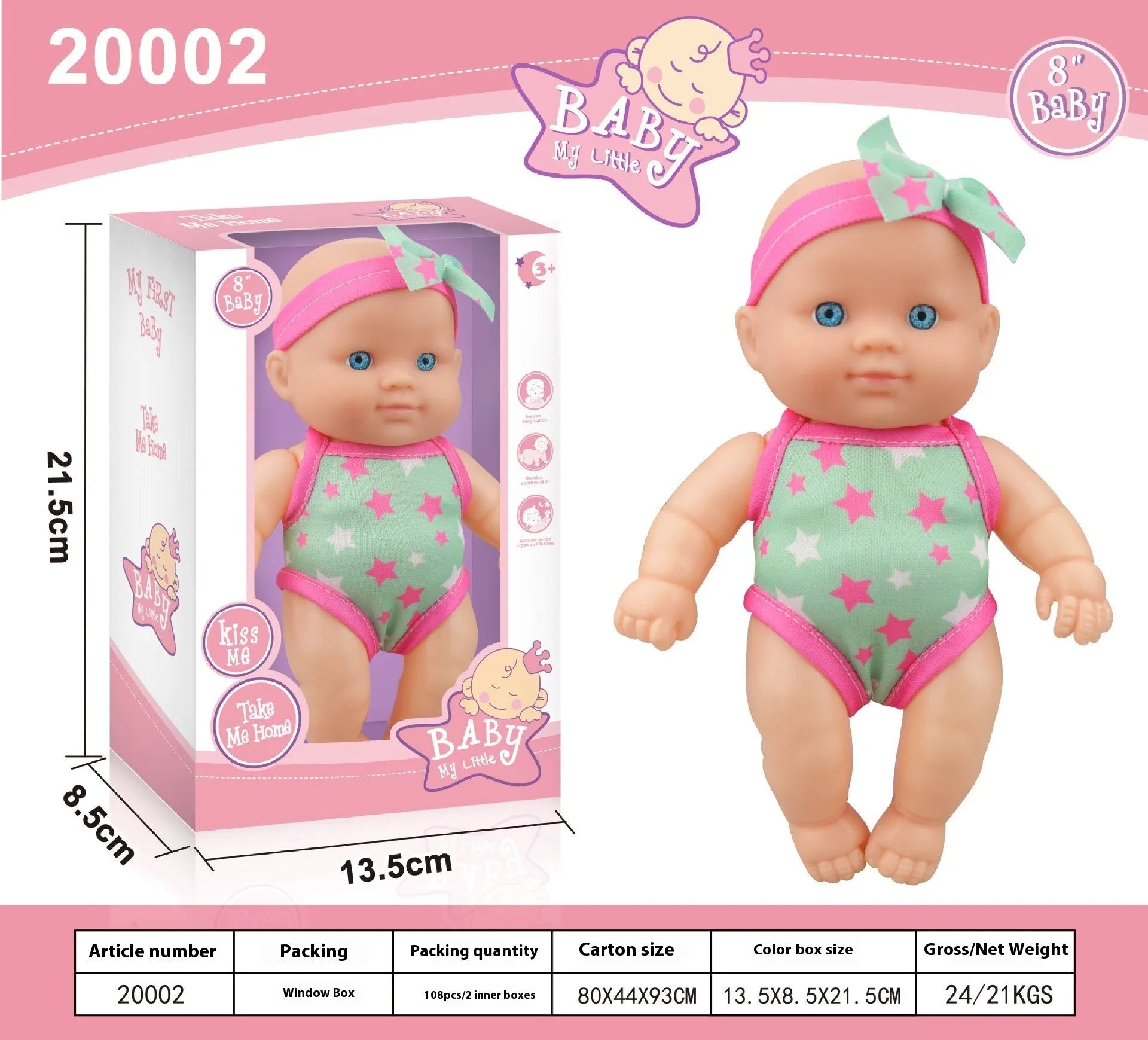 Vinyl baby figurine doll in display with colour variations and measurement scale