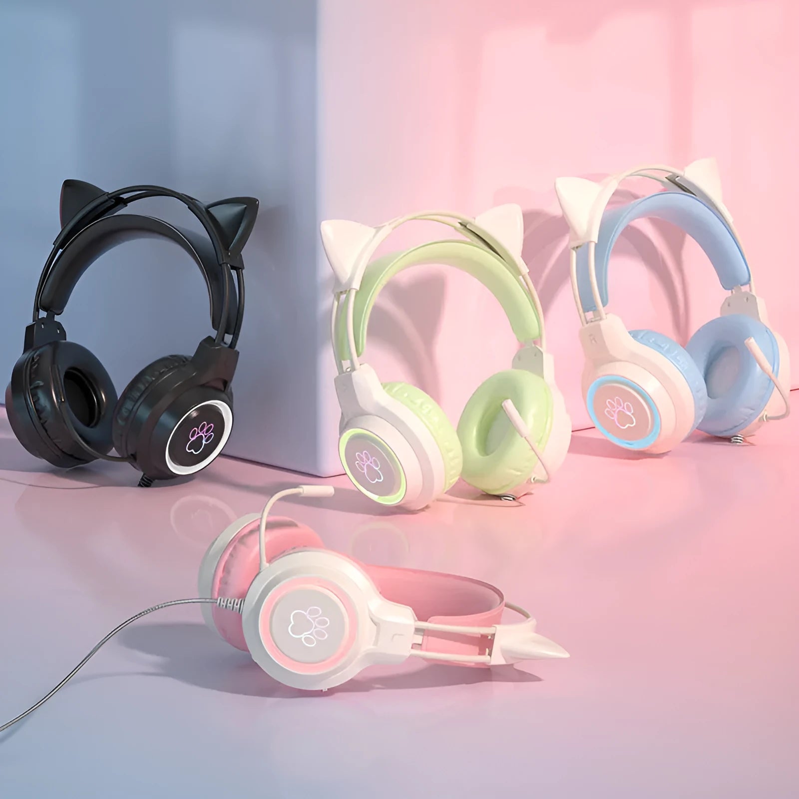 Pink cat ear esports earphones with protein cotton earmuffs and woven wire cable on a desk