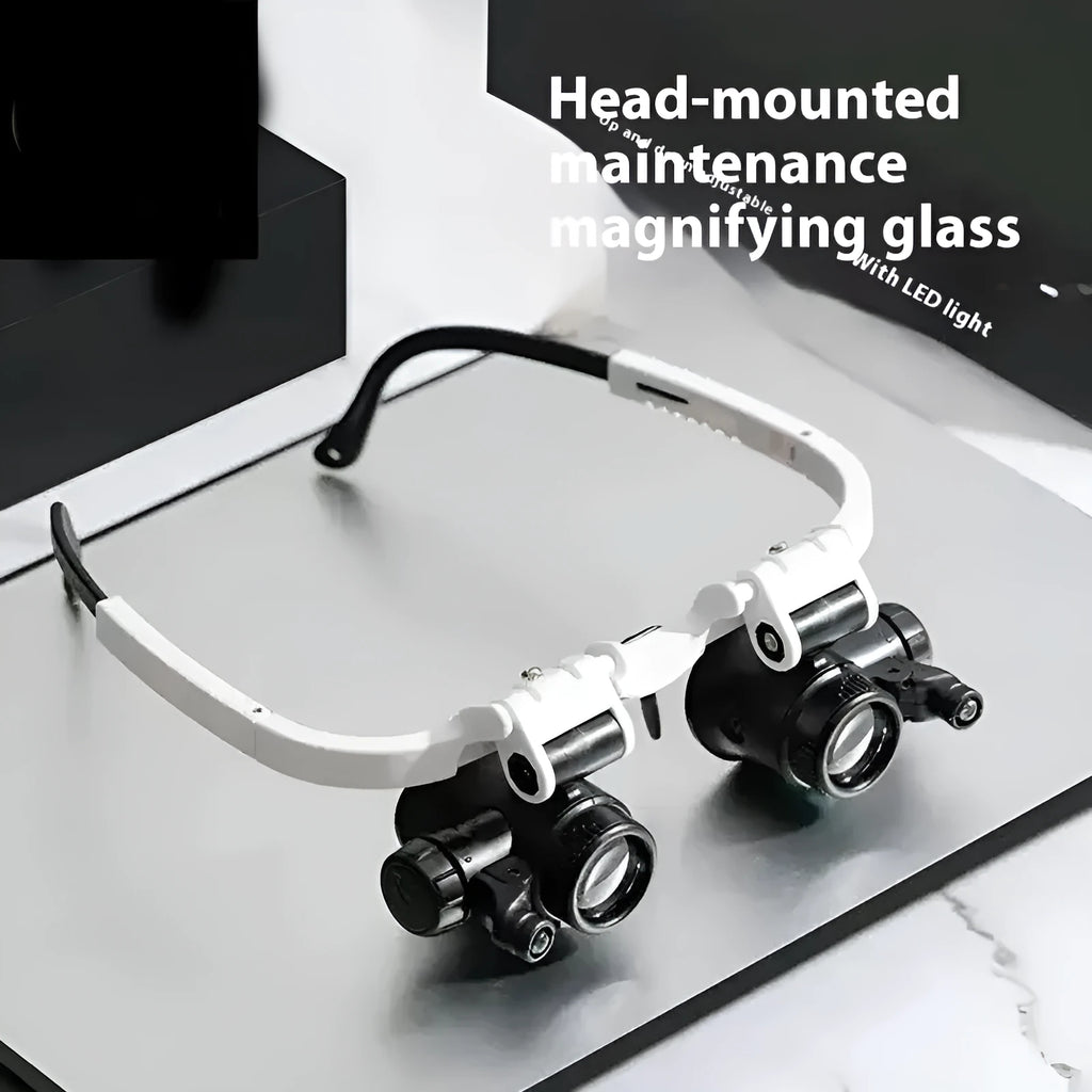 White head-mounted magnifying glass with LED light, shown folded and unfolded.