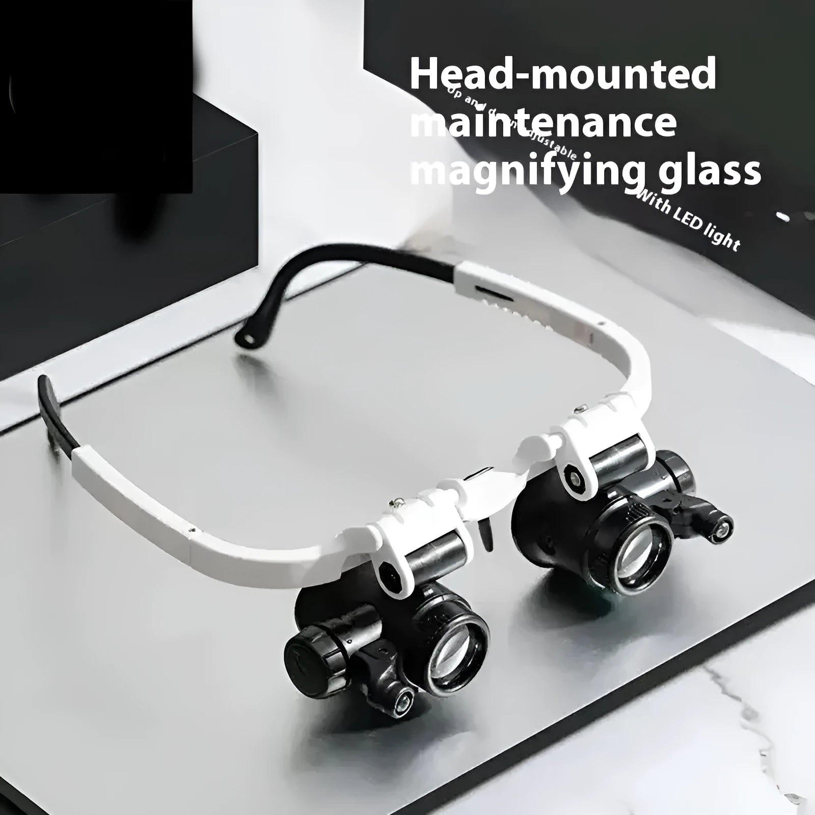 White head-mounted magnifying glass with LED light, shown folded and unfolded.