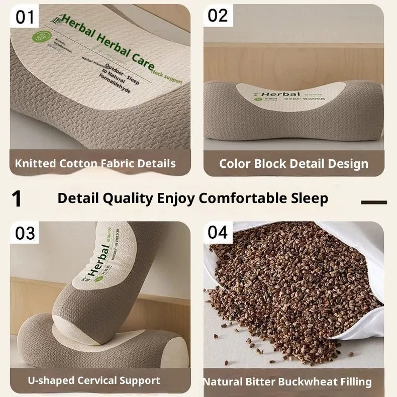 Buckwheat neck three-dimensional pillow in beige colour, single size 40x60cm, with visible stitching and natural filler