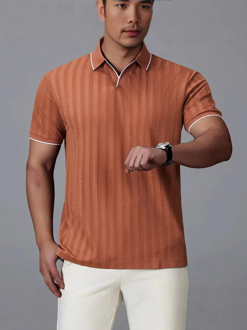 Men's light grey nylon polo shirt with short sleeves on hanger