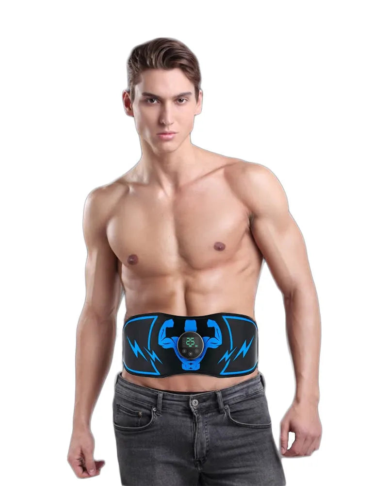 Blue rechargeable EMS abdominal massage belt with wireless remote control and fitness components