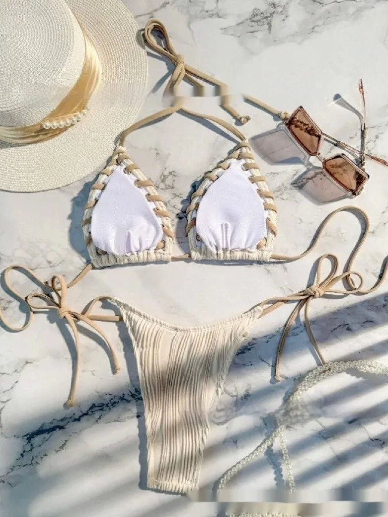 Milky white lace-up push up swimsuit with split backless design for women