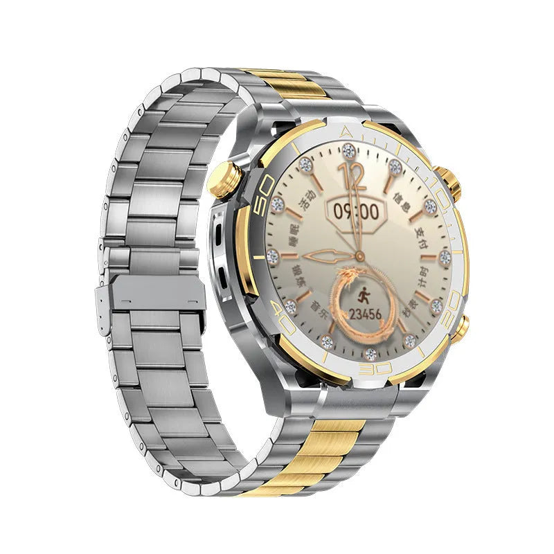 Black smart watch with TFT display, silicone and leather straps, featuring health monitoring and NFC function