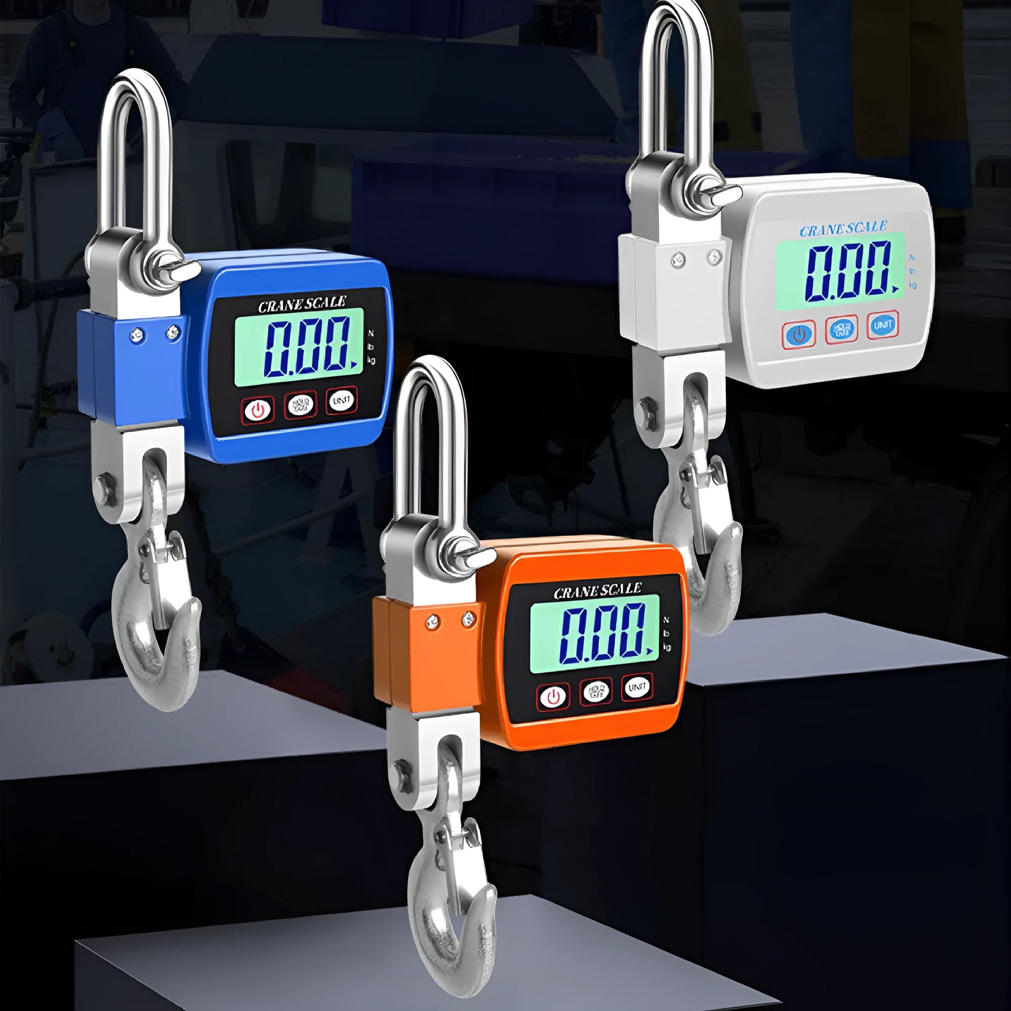 Digital electronic hook scale with display showing weight measurement