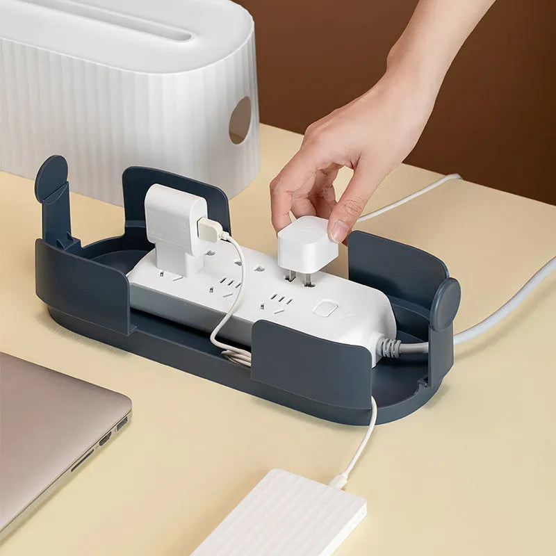 Blue and white HIPS power strip storage box with cable holes and phone slot