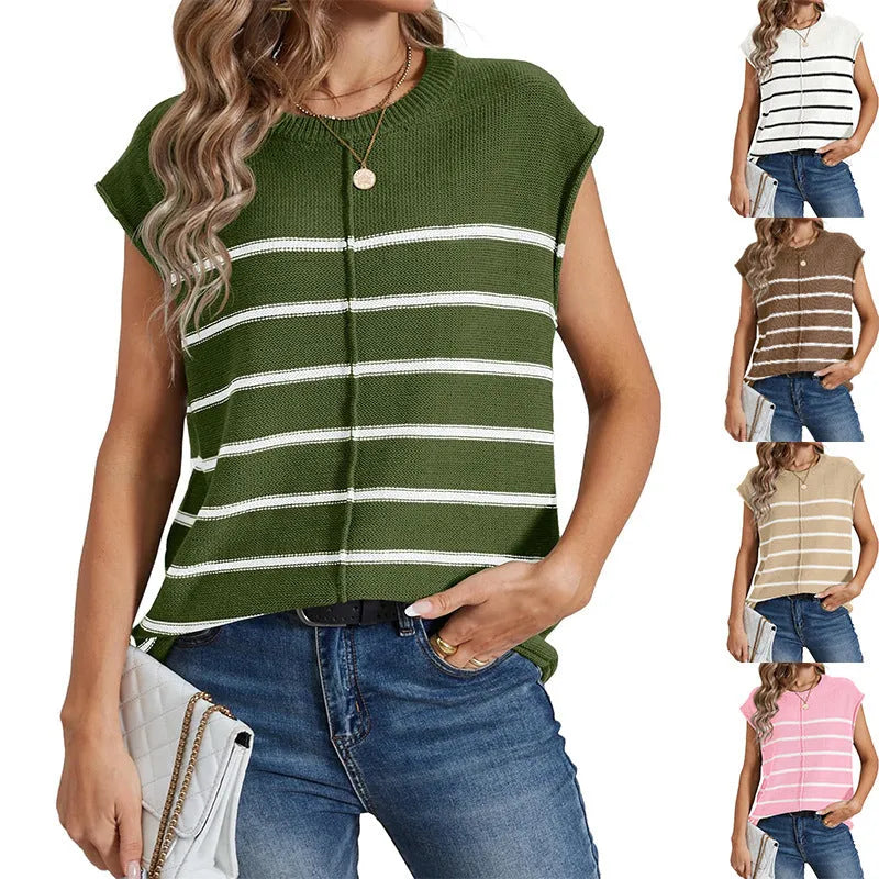 Women's striped sleeveless pullover vest top in apricot colour with bone stitching detail.