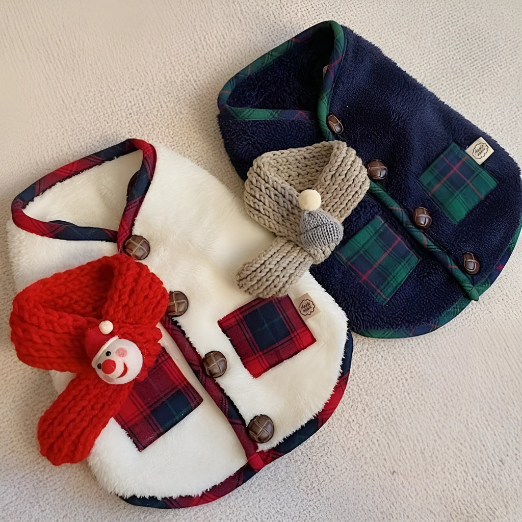 Navy blue pet fleece jacket with checkered pattern, Sherpa lining, decorative buttons, and snowman accent on a small dog