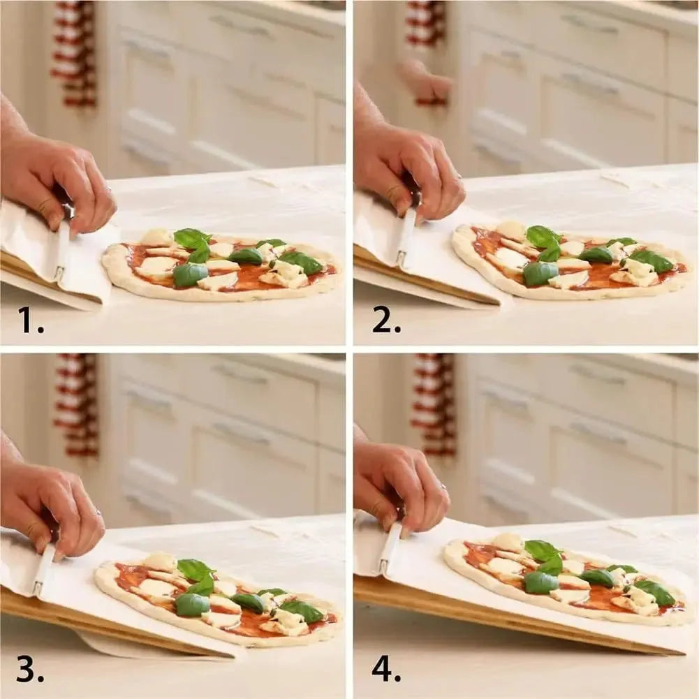White plastic pizza transfer shovel on a kitchen counter, showing its flat board surface and handle with hanging hole.