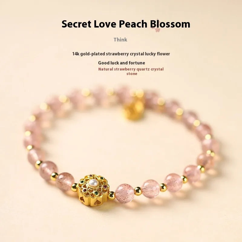 Hand-woven crystal bracelet with gray moonstone, sunstone, and strawberry quartz beads in pastoral style.