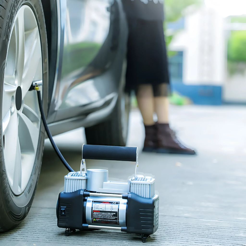 12V double cylinder metal car air compressor with battery clips, 250x100x90mm, for tyre inflation