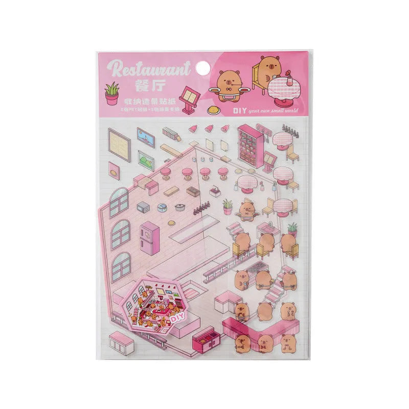 Sheet of pre-cut three-dimensional cartoon landscaping stickers for hand accounting, showing bakery, flower shop, and bookstore designs.