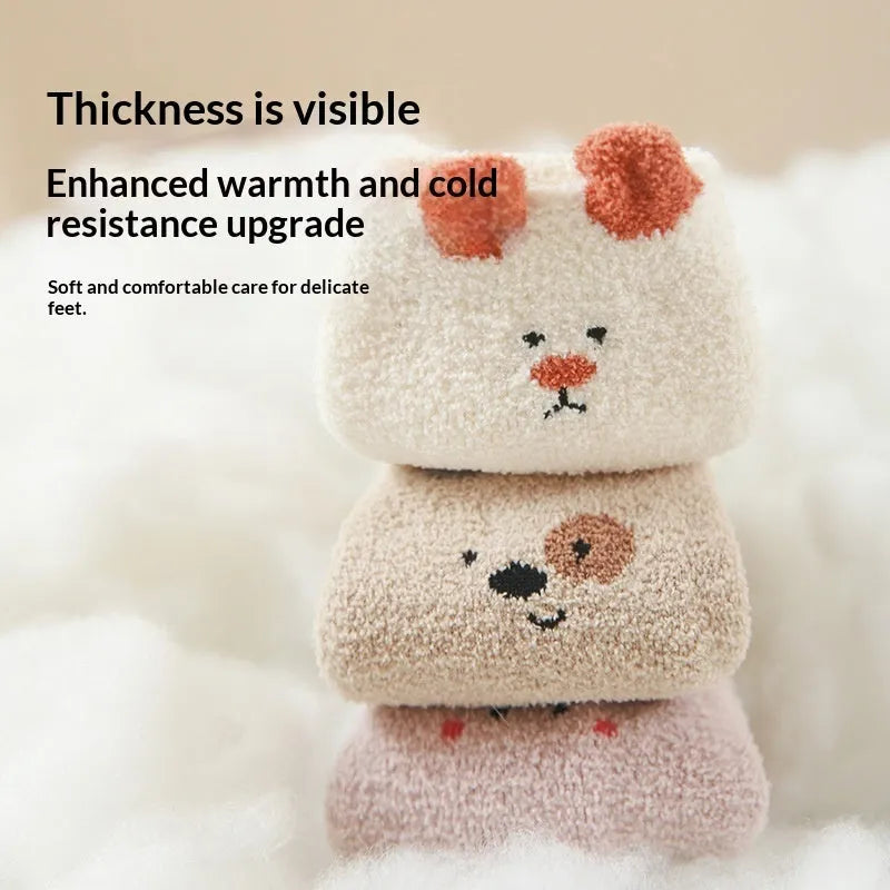 Children cartoon fleece-lined thickened winter home socks mid-calf polyester unisex pink colour
