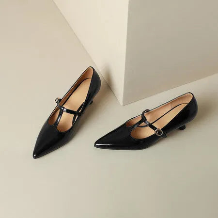 Black women's leather high-heeled shoes with a square toe and a 6-8 cm rubber sole.