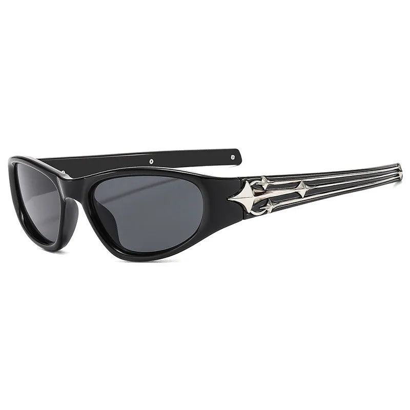 Outdoor sports sunglasses with windproof polycarbonate lenses in a special-shaped frame, shown in black with blue lenses.