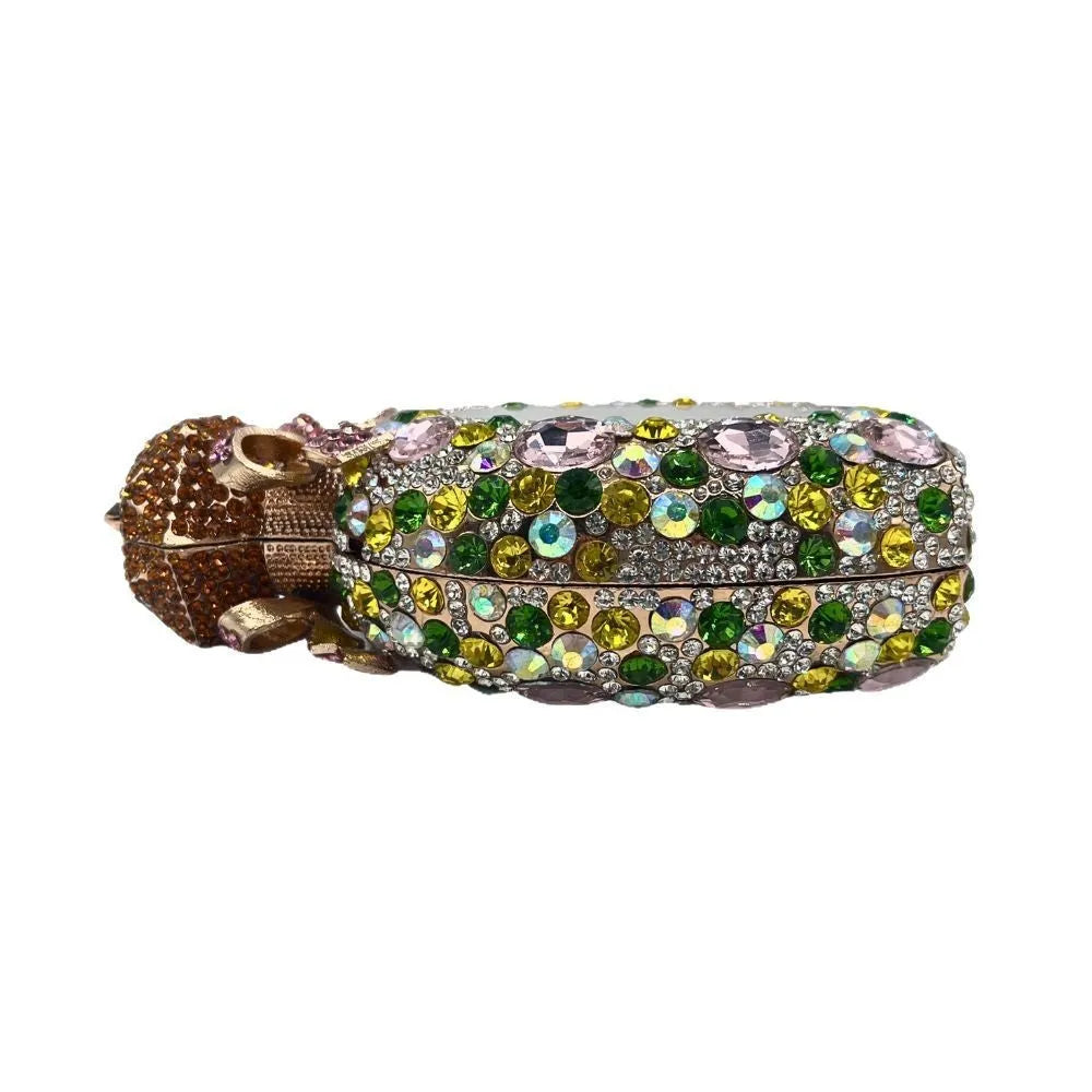 Women's hard alloy clutch with full diamond cover in golden colour with three-dimensional pocket