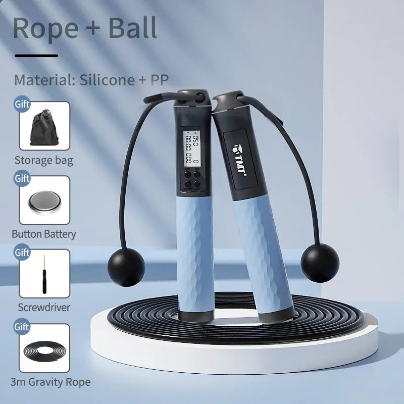Cordless jumping rope with digital counter and gravity ball in black