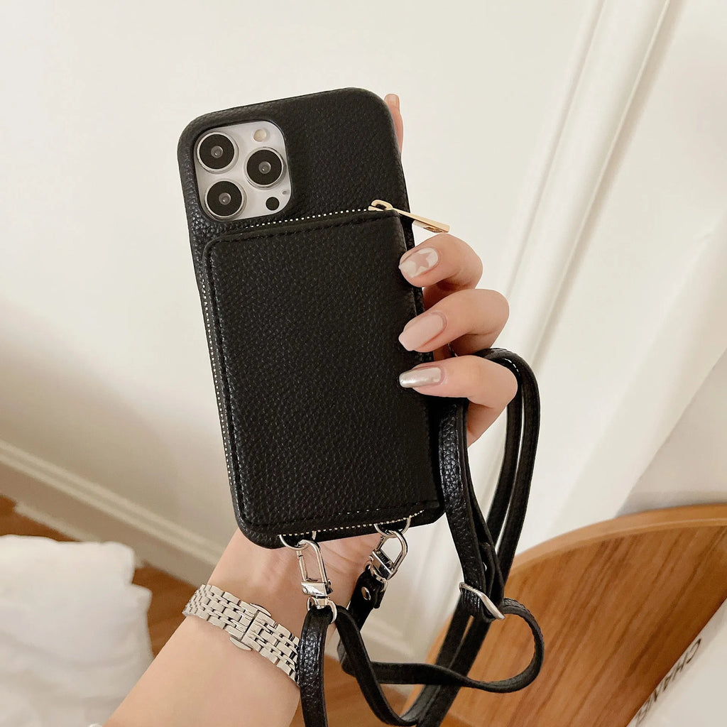 Leather phone case with lychee pattern, zipper card holder, and lanyard in black