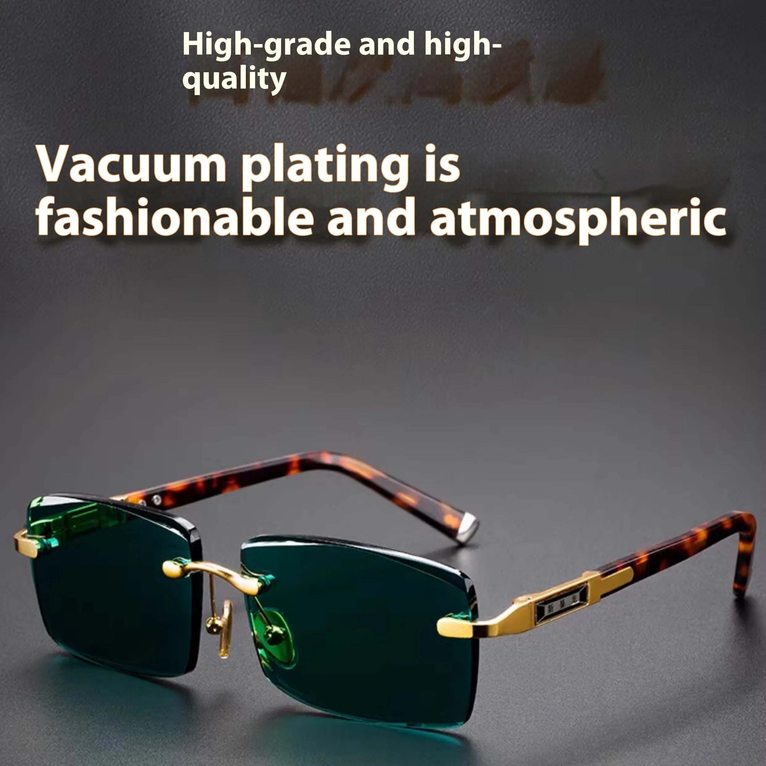 Frameless sunglasses with dark green tinted lenses and a black hard-shell case on a table.