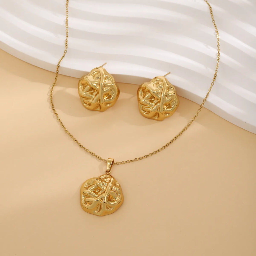 Geometric leaves texture flower love heart earrings and necklace set on a stainless steel pendant with regular chain