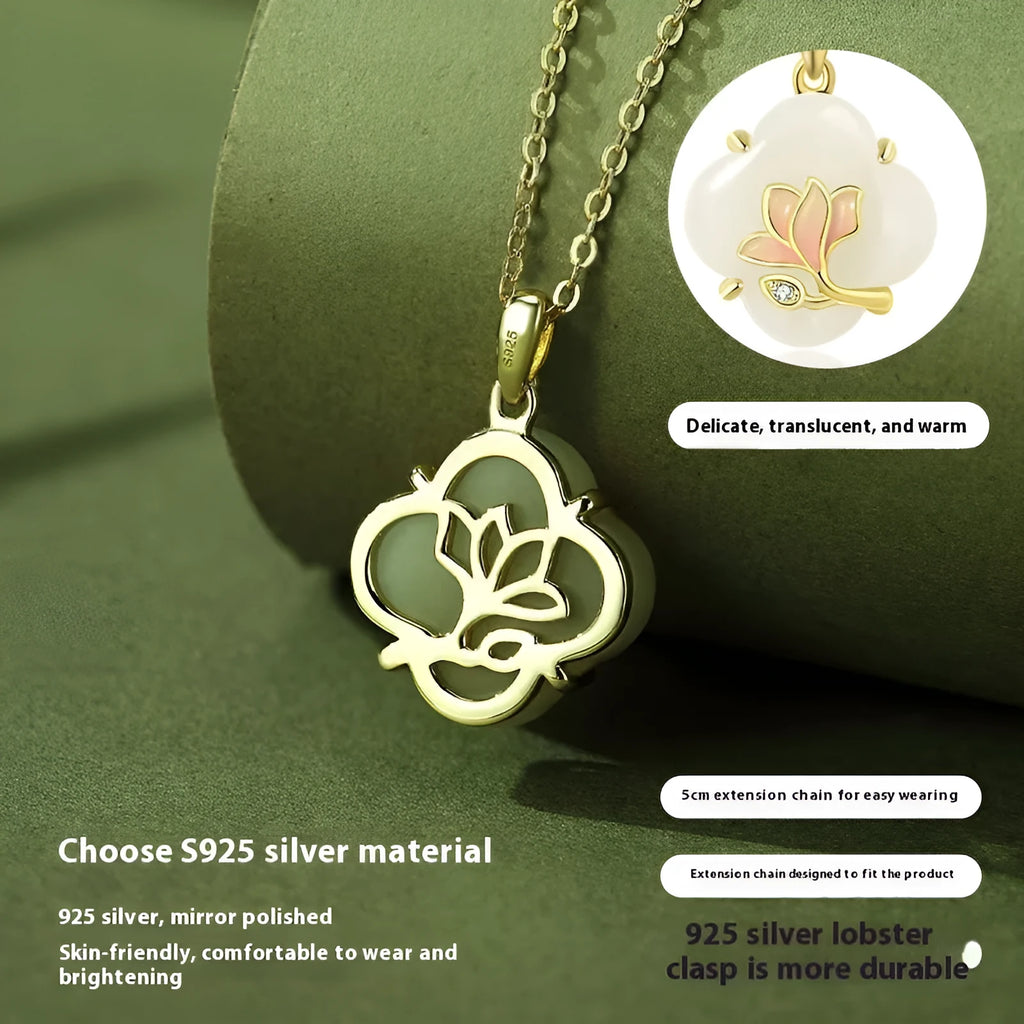 Magnolia flower Hetian jade and sterling silver jewellery set with necklace, bracelet, and earrings