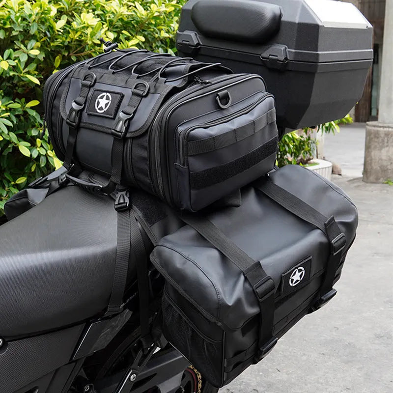 Waterproof motorcycle rear seat side bag set with 20 litre and 22 litre bags for universal bike fit