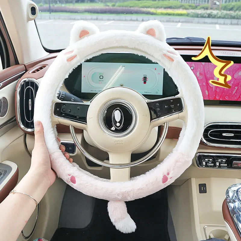 Plush cartoon animal steering wheel cover with rabbit fur trim, fitted on a 38cm car steering wheel.