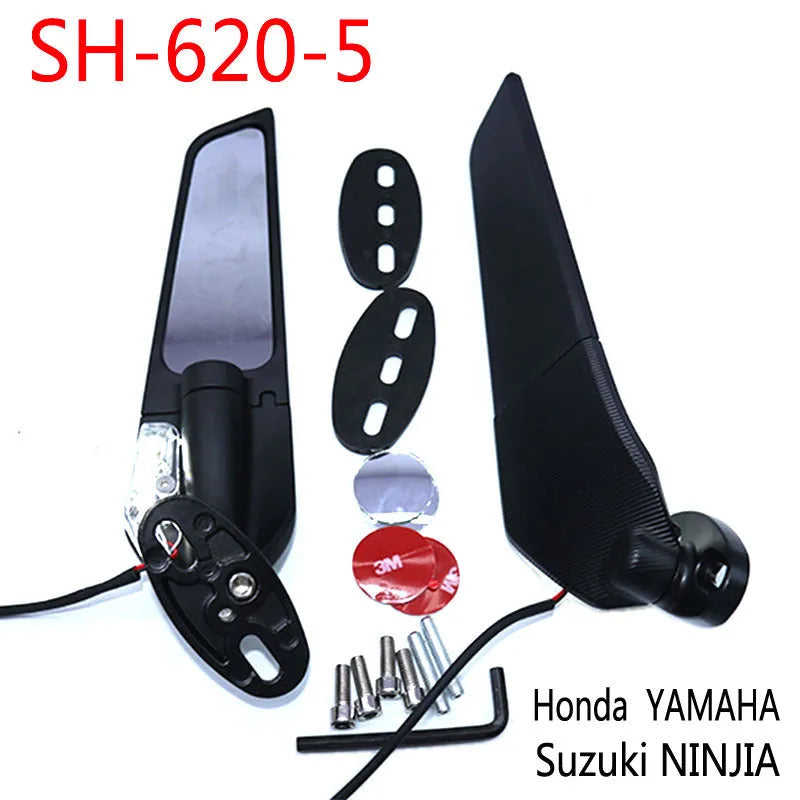 Pair of aluminium motorcycle mirror spoilers with yellow LED lights and convex glass lenses.