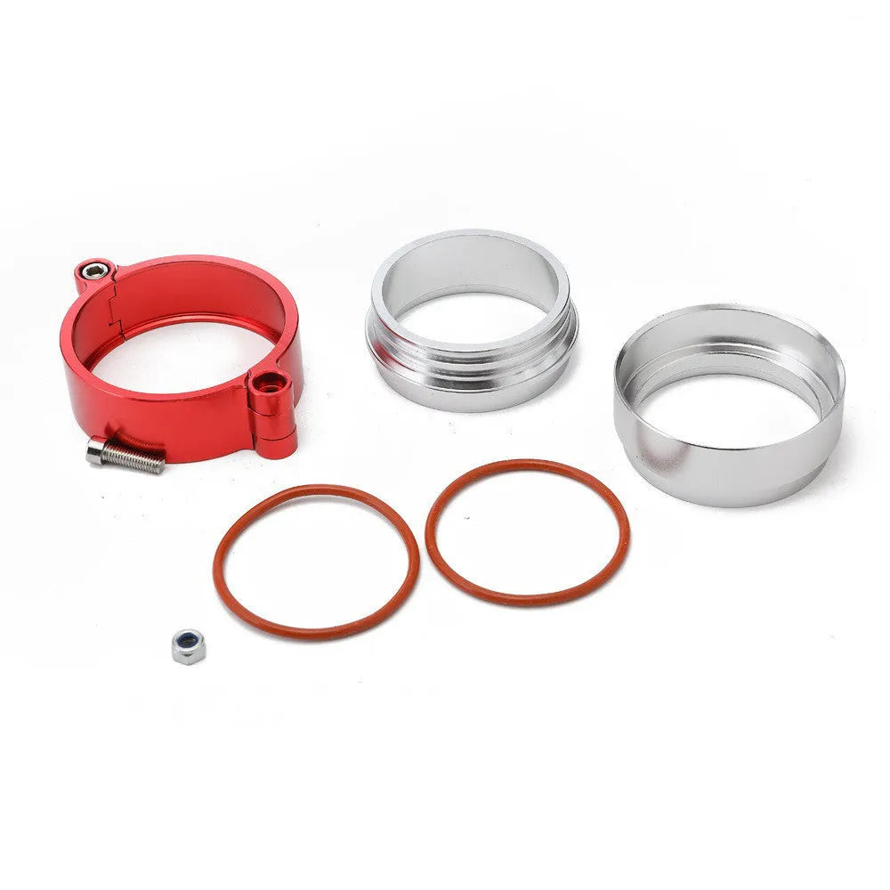 Aluminium fixed movement exhaust clamp for car turbo modification in black, blue, or red.