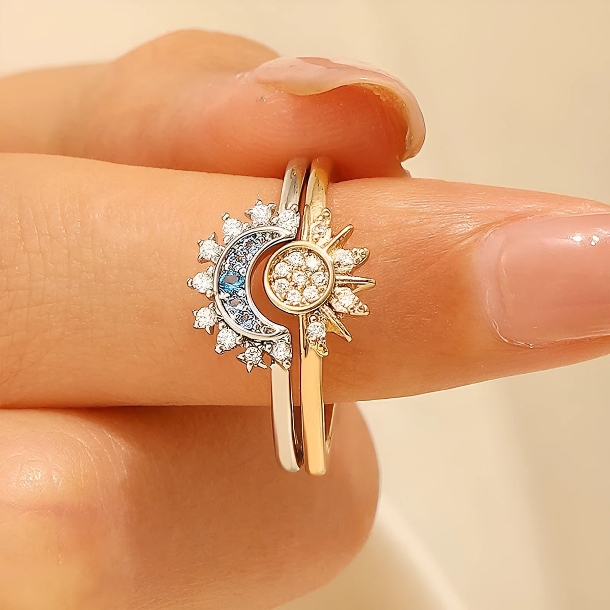 Sun and Moon diamond-studded couple ring set in alloy with geometric shape