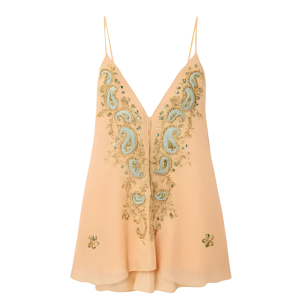 Light yellow ethnic print women's skirt with V-neck and strapped sleeveless design