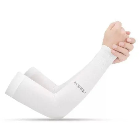A pair of printed ice sleeve gloves for sun protection on a forearm, shown in a floral pattern.