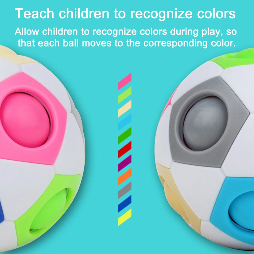 Rainbow coloured ball puzzle with moveable pieces inside a clear plastic sphere.