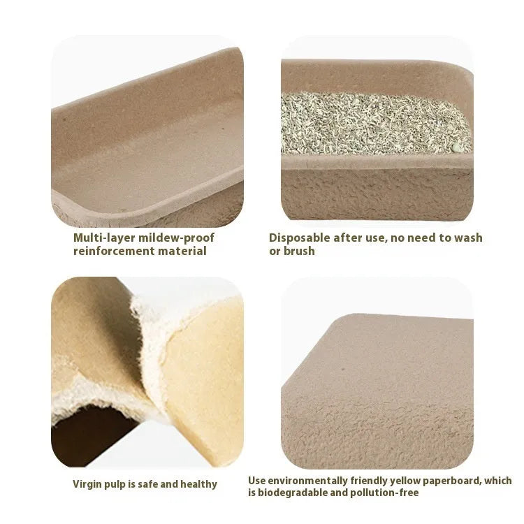 Brown disposable cat litter box with waterproof lining showing three size options for small pets