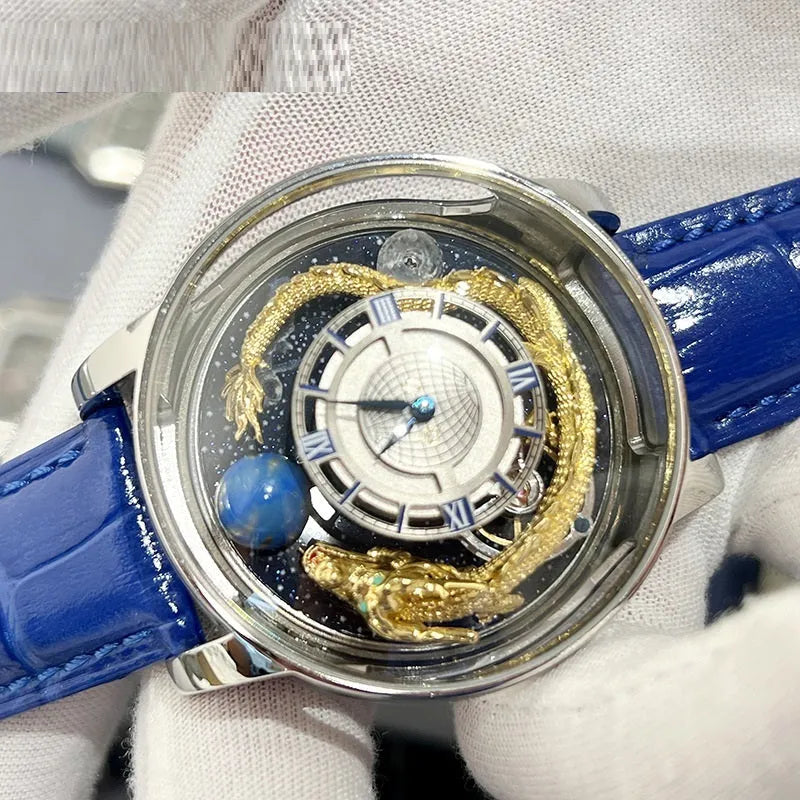 Blue dial quartz watch with sapphire crystal, leather band, and stainless steel buckle on white background
