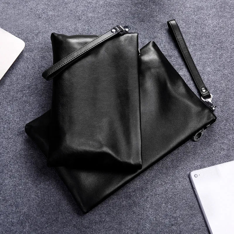 Men's genuine leather casual clutch bag in black or brown, business commute style, solid colour pattern